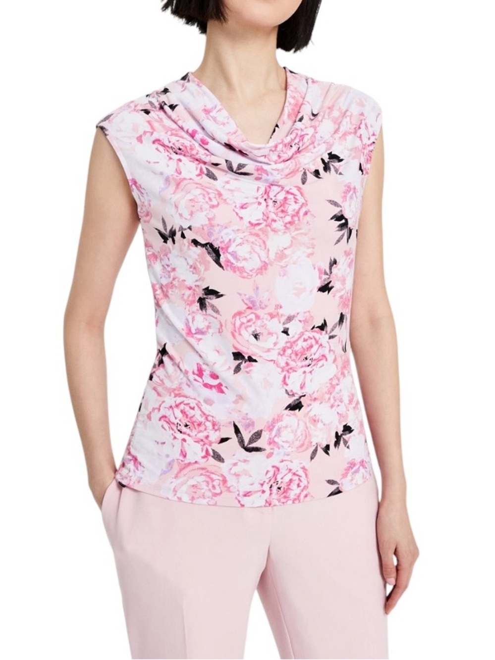 Kasper Cowl Neck Pink Floral Pullover Blouse Top NEW Size XSmall